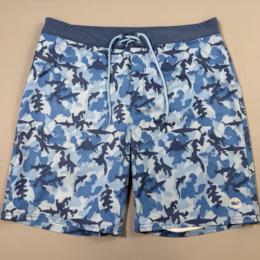Vineyard Vines‎ Shark Week Board Shorts Mens 35 Blue Camo AOP Sharks Limited Ed